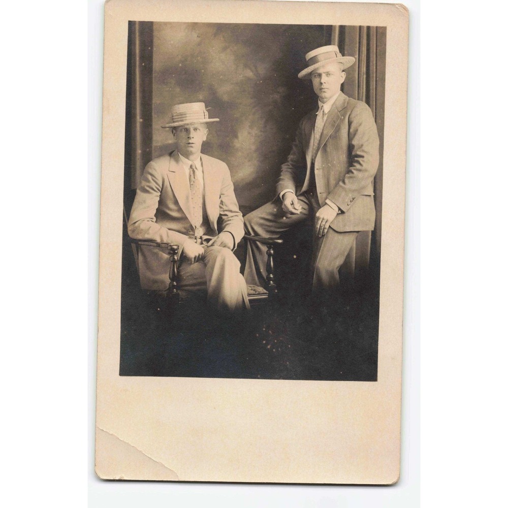 RPPC c1910 Two Men Boater Hats Suits Studio Portrait Real Photo Postcard AZO